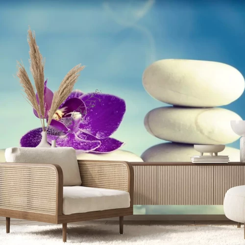 Sticker Spa-Stillleben mit rosa Orchidee und weißem Zen-Stein