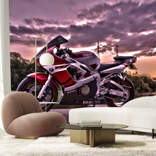 Fototapete Yamaha-Motorrad vor Sonnenuntergang