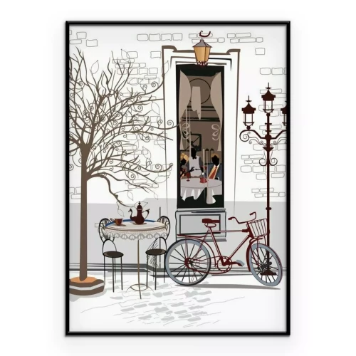 Poster Eine cartoonhafte Ansicht eines charmanten Straßencafés