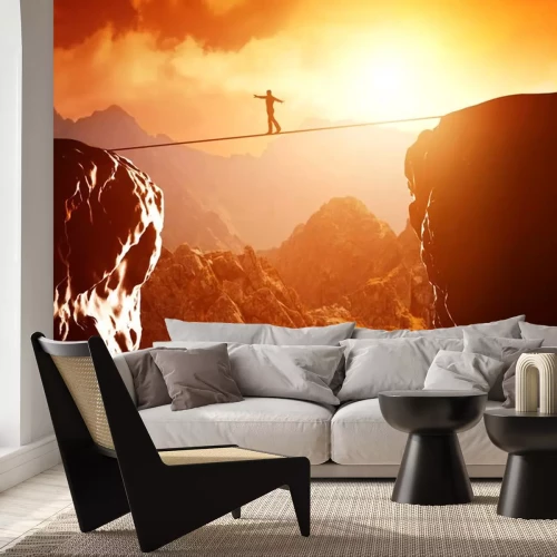 Sticker Mann zu Fuß und balancieren auf Seil über Abgrund in Bergen