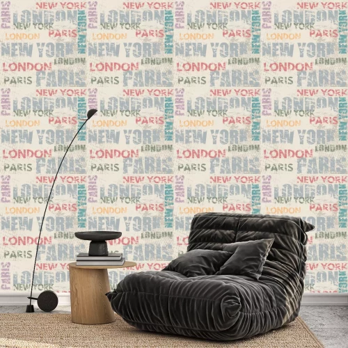 Tapete Typografisches Plakat mit den Stadtnamen London, Paris und New York