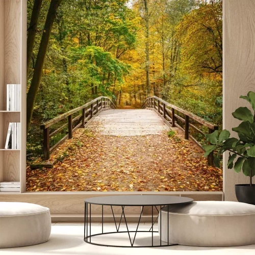 Fototapete Brücke im Herbstwald