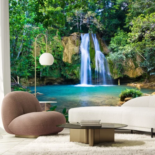 Fototapete Türkisfarbener Wasserfall im Dschungel