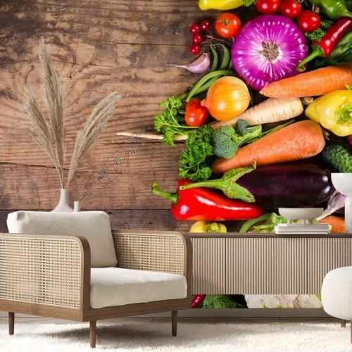 Fototapete Gemüse auf dunklen Brettern