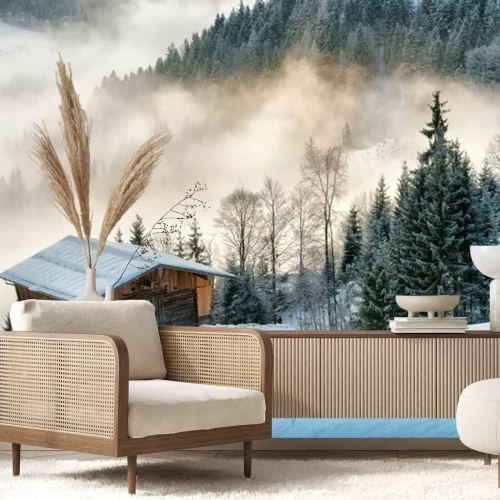 Fototapete Schneebedeckte hütte in den bergen