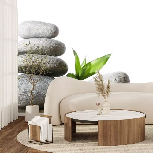 Sticker Stapel von Spa-Steinen auf Holzplankenoberfläche lokalisiert auf Weiß