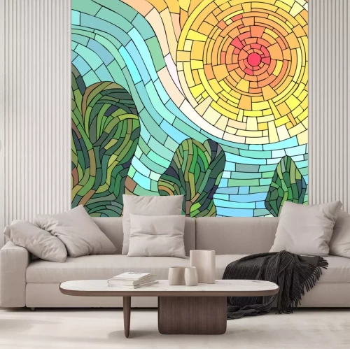 Sticker Square mosaic abstract red sun with trees.