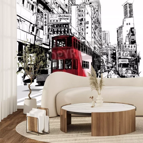 Fototapete Roter Bus in cartoonartiger Stadt