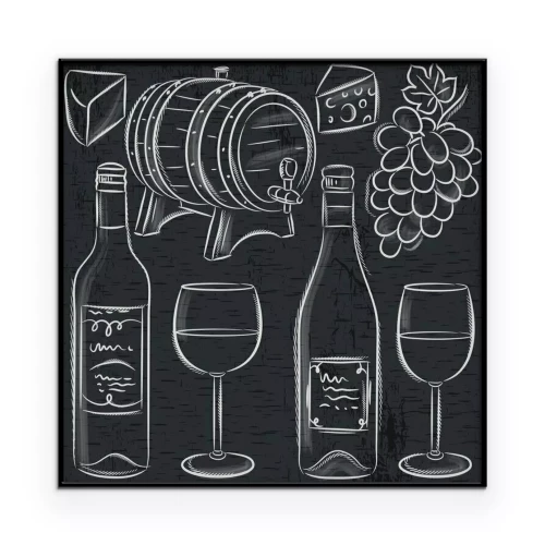 Poster Eine Kreidetafel mit einer Zeichnung einer Wein- und Käsekomposition