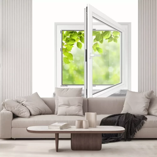 Fototapete Ein Fenster mit Blick auf grüne Blätter