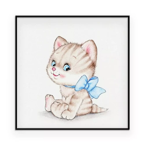 Poster Ein Kätzchen mit blauer Fliege im Cartoon-Stil