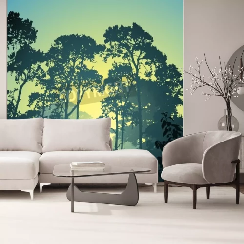 Sticker Eine Waldlandschaft mit Bäumen und Sonnenuntergang Sonnenaufgang