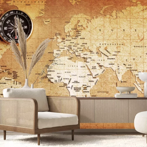 Fototapete Weltkarte mit Kompass oben