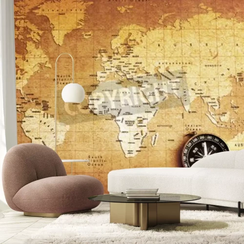 Fototapete Weltkarte mit Kompass unten
