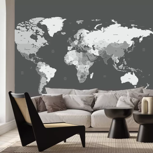 Sticker Detailed vector World map of gray colors. Names, town marks and national borders are in separate layers
