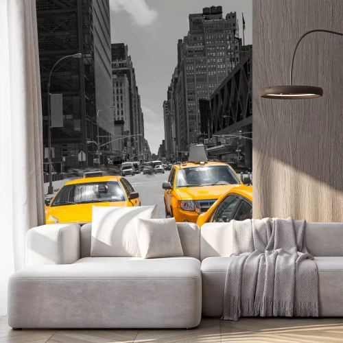 Fototapete Gelbe Fahrzeuge auf grauem Hintergrund