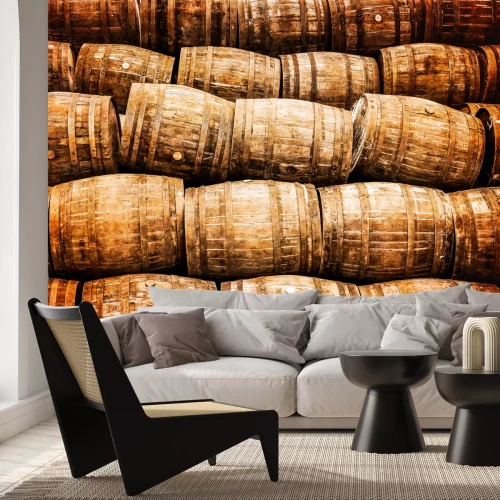 Fototapete Stapel geordneter Holzfässer
