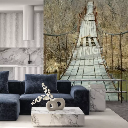 Fototapete Zerstörte Brücke im herbstlichen Wald