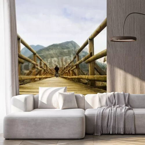 Fototapete Holzbrücke 3d in Gebirgen