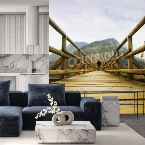 Fototapete Holzbrücke 3d in Gebirgen