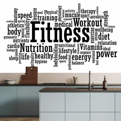 Fototapete Schwarz-weiße Wortwolke zum Thema Fitnessstudio