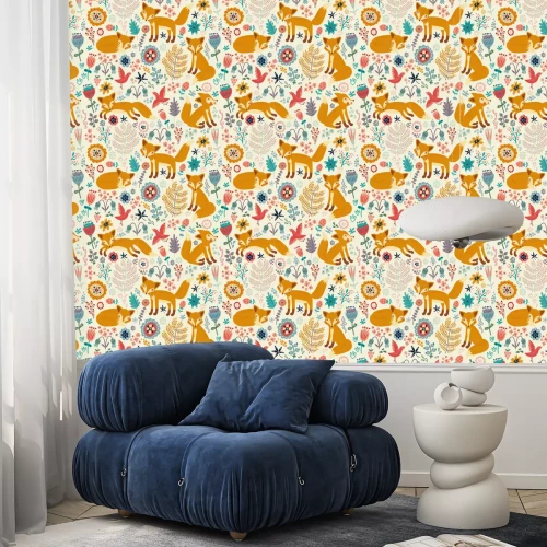 Tapete Illustrierte Füchse Vögel und bunte Blumen