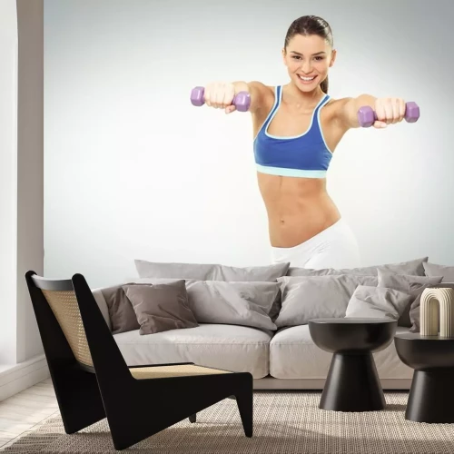 Sticker Schöne junge Frau Übung mit Hanteln auf weißem backgroun