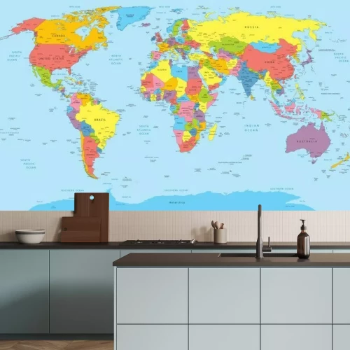 Fototapete Städte und Kontinente auf einer Weltkarte