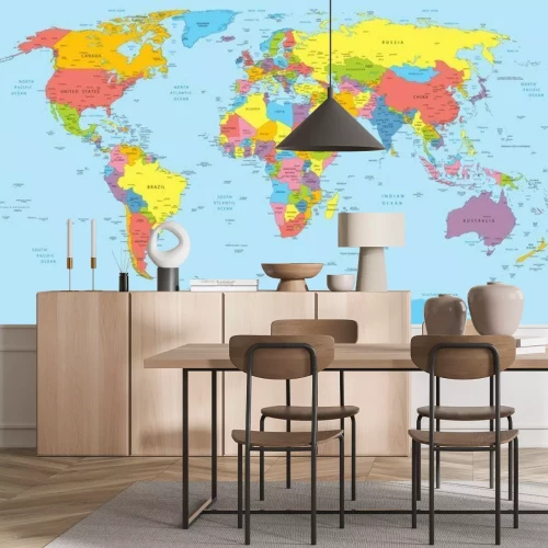 Fototapete Städte und Kontinente auf einer Weltkarte