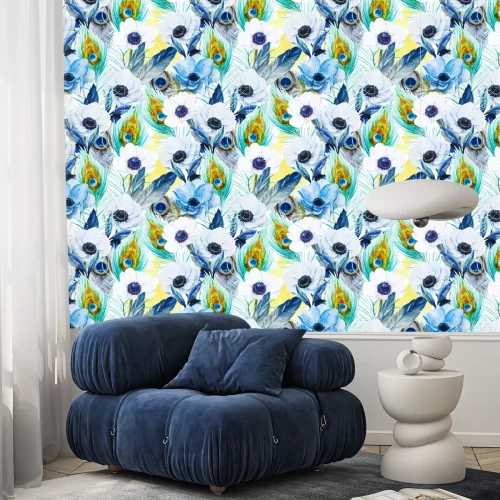 Tapete Windröschen und Pfauenfedern