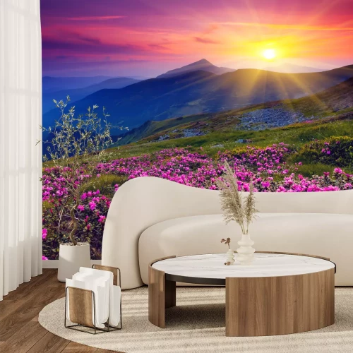 Fototapete Rosa Blumen Berge und Sonnenaufgang