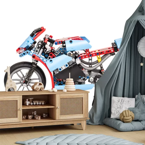 Sticker BUKAREST, RUMÄNIEN - 20. JANUAR 2015: Lego Technic Motorcycle Isolated. Technic ist eine Linie von Lego, die Kunststoffstangen und -teile miteinander verbindet und fortschrittliche Modelle mit komplex