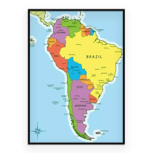 Poster South America map countries and cities