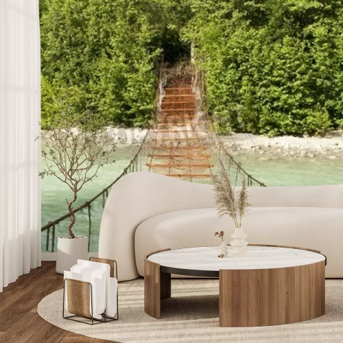 Fototapete Verrostete Hängebrücke über Fluss