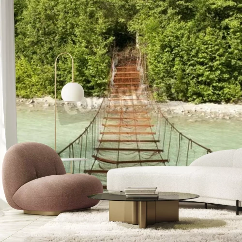 Fototapete Verrostete Hängebrücke über Fluss