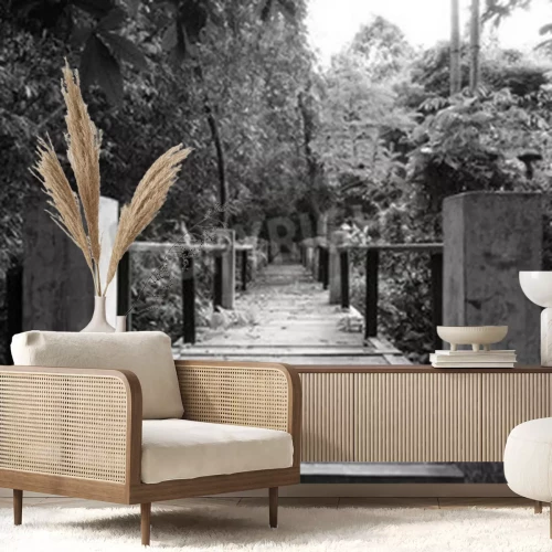 Fototapete Schwarz-weiße Brücke im Dschungel