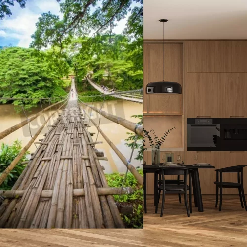 Fototapete Bambus-Brücke über breitem Fluss