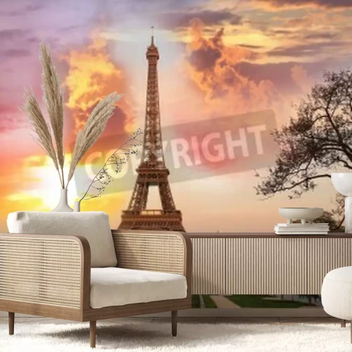 Fototapete Paris und Eiffelturm vor dem Hintergrund des Sonnenuntergangs