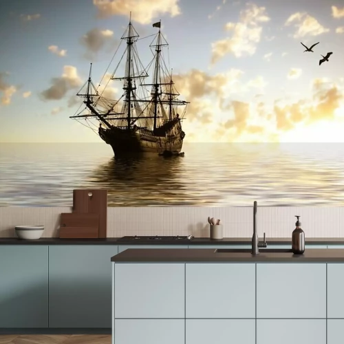 Fototapete Galeone auf See mit Vögeln