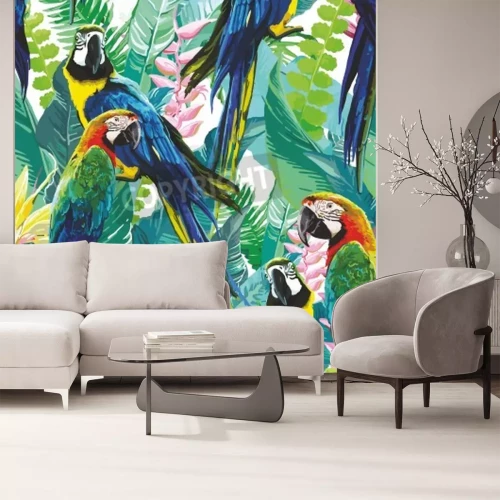 Fototapete Bunte Papageien und exotische Natur