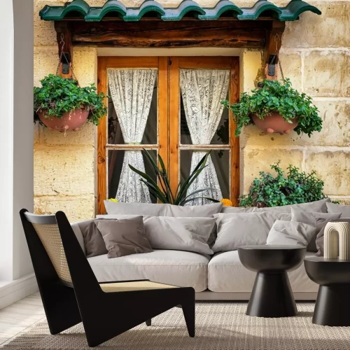 Fototapete Altes Fenster mit Blumen und Vorhängen im rustikalen Stil