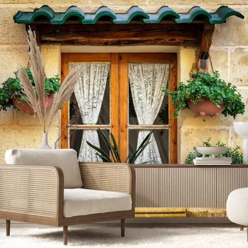 Fototapete Altes Fenster mit Blumen und Vorhängen im rustikalen Stil