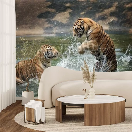 Fototapete Ins wasser springende tiger