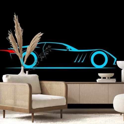 Fototapete Hellblauer Sportwagen auf schwarzem Hintergrund