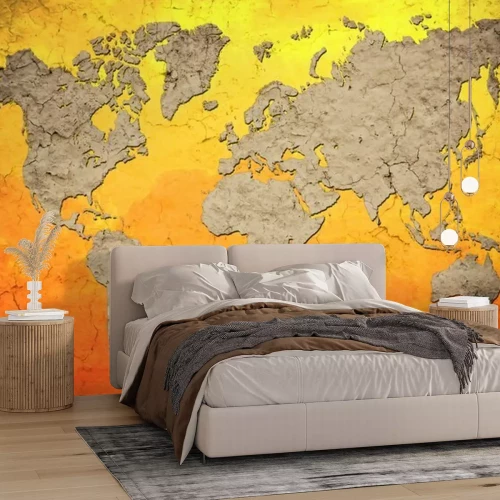 Fototapete Graue Weltkarte auf orangefarbenem Hintergrund