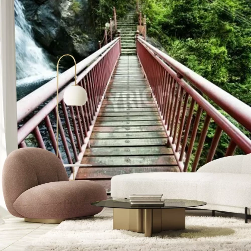 Fototapete Rote Brücke beim Wasserfall