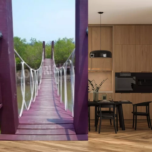 Fototapete Violette Hängebrücke über Kanal