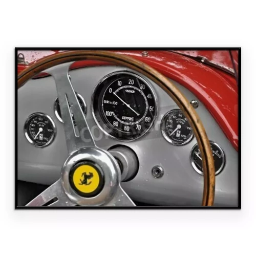 Poster Lenkrad und Armaturenbrett in einem roten Ferrari im Retro-Stil