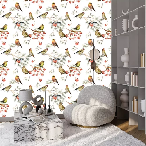 Tapete Waldvögel und rote Eberesche