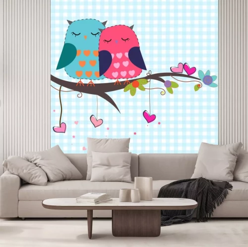 Sticker Vögel mit blauem Käfig im Hintergrund